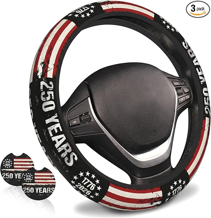 Anniversary American Flag Steering Wheel Cover 14-15 Inch +2Pc Car Coasters | Universal Anti-Slip Breathable for Men Women | Patriotic Car Accessories USA Flag Auto Interior Decor Gift