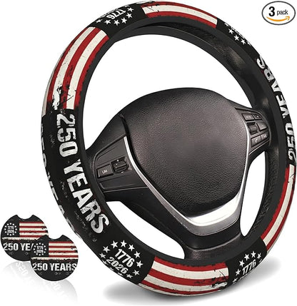 Anniversary American Flag Steering Wheel Cover 14-15 Inch +2Pc Car Coasters | Universal Anti-Slip Breathable for Men Women | Patriotic Car Accessories USA Flag Auto Interior Decor Gift