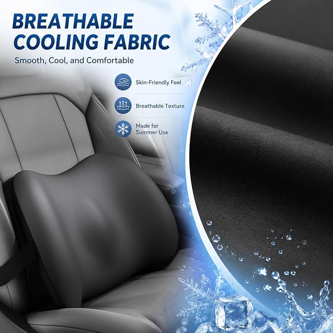 Cooling Lumbar Support Pillow for Car,Memory Foam Car Seat Back Support Pillow for Summer Driving,Cool-Touch Back Cushion with Strap for Pain Relief,Ergonomic Back Cushion for Chair(Gray Cooling)