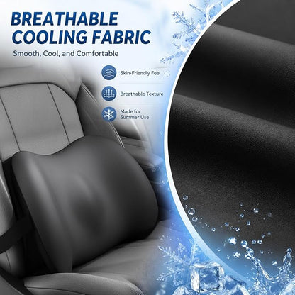 Cooling Lumbar Support Pillow for Car,Memory Foam Car Seat Back Support Pillow for Summer Driving,Cool-Touch Back Cushion with Strap for Pain Relief,Ergonomic Back Cushion for Chair(Gray Cooling)