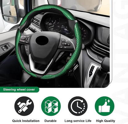 3pcs Universal Carbon Fiber Steering Wheel Cover - Anti-Slip & Segmented Design, Universal 99% Durable Steering Wheel Protector for Men and Women, Car Interior Accessory (Green)