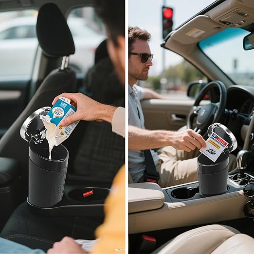 Car Trash Can Bin with Lid - 2 Pack, Leakproof Garbage Can for Vehicle, Mini Trash Bin with 180 Attached Trash Bags, Easy to Clean Cup Holder Trash Can for Car, Home, Office