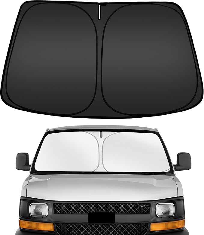 ARISMOTOR Windshield Sun Shade for Chevy Express 1500 2500 3500 4500 1996-2026/GMC Savana 1996-2025, Custom Fit Foldable Front Window Sunshade Sun Visor Protector, Block UV Rays Keep Your Car Cooler