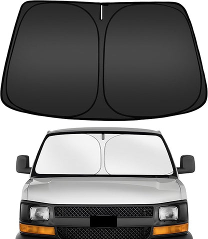 ARISMOTOR Windshield Sun Shade for Chevy Express 1500 2500 3500 4500 1996-2026/GMC Savana 1996-2025, Custom Fit Foldable Front Window Sunshade Sun Visor Protector, Block UV Rays Keep Your Car Cooler