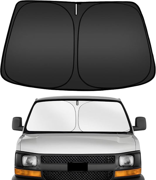ARISMOTOR Windshield Sun Shade for Chevy Express 1500 2500 3500 4500 1996-2026/GMC Savana 1996-2025, Custom Fit Foldable Front Window Sunshade Sun Visor Protector, Block UV Rays Keep Your Car Cooler