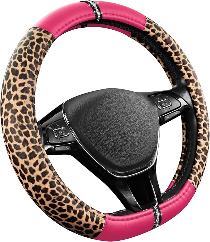 Road Comforts Leopard Steering Wheel Cover for Women, Cute Anti-Slip Microfiber Leather, Fits D Shape Flat Bottom Steering Wheel 14.5-15 Inch - HotPink