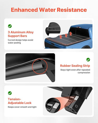 VEVOR Soft Roll-Up Truck Bed Tonneau Cover, Compatible with 2015-2026 Ford F-150, Fits 5.6 ft (5 ft 7 in/67 in) Bed, Triple-Layer Heavy-Duty PVC Tonneau Cover with Three Aluminum Alloy Support Bars