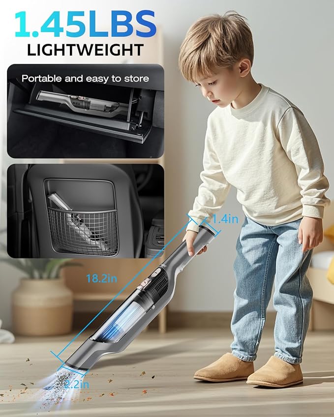 Zefiro Compact Powerful Cordless Handheld Vacuum, Rechargeable Portable Car Vacuum for Car & Pet Hair, Brushless Motor 25000PA High Suction, XL Dust Cup, 2 Brushes & Filters, Long Runtime with Charger