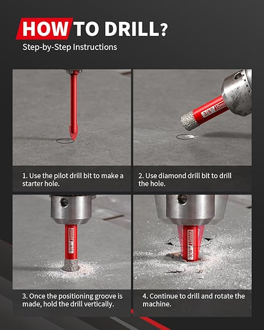 DAYDOOR Dry Diamond Drill Bits Set, 3/16" 1/4" 5/16" 3/8" 1/2" Diamond Hole Saw Kit for Porcelain Tile Ceramic Glass Marble Granite, Tile Drill Bits with Cooling Wax, Round Shank (12-Piece)