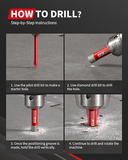 DAYDOOR Dry Diamond Drill Bits Set, 3/16" 1/4" 5/16" 3/8" 1/2" Diamond Hole Saw Kit for Porcelain Tile Ceramic Glass Marble Granite, Tile Drill Bits with Cooling Wax, Round Shank (12-Piece)