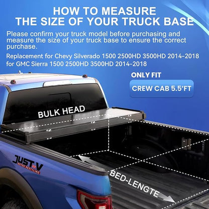 Just-V Hard Tri-Fold Truck Bed Tonneau Cover for Chevy Silverado 1500 2500HD 3500HD, for GMC Sierra 2014-2018 Only Fit Crew Cab 5.8 FT Bed, Upgrade Solid FRP Textured Black
