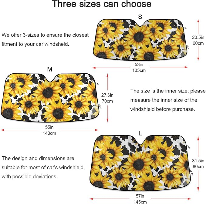 Cars Front Sun Shade Windshield,Foldable Reflective Sun Visor Sunflower Cow Print Pattern Windshield Sunshade Cover,Blocks UV Ray Sun Protect Interior Keep Cool,53" x 23.5 "