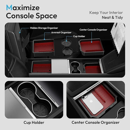 XINTUO Tesla Model Y Juniper 2025 2026 & Model 3 Highland 2024 2026 Center Console Organizer Tray [Slide Smoothly + Easy Installation] Cup Holder for Tesla Model Y Juniper Accessories