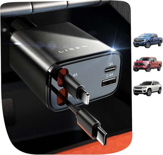 LISEN Retractable Car Charger 4 in 1 for Cars, 69W Retractable USB C Car Charger with 31.5in Cable, Fast Charging for iPhone 17 16 15 14 13 12 Pro Max Plus, Compact Cars Accessories for Daily Driving | Multiple Ports Car Charger, Retractable Car Charge...