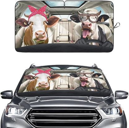 GENANY Cute Cow Couple Funny Windshield Sun Shade for Car SUV Truck (55x29 Inches), Automobile Sunshade, Protector Blocks UV, Car Accessories