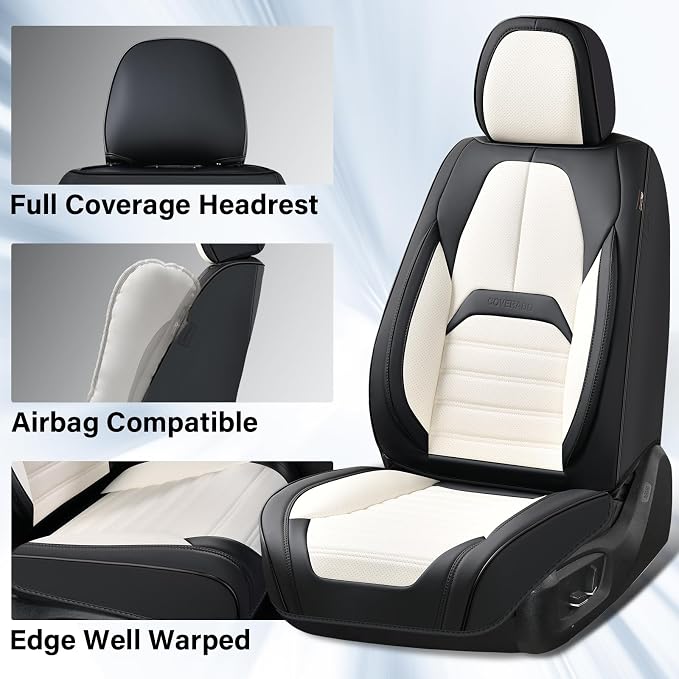 Coverado Waterproof Nappa Leather Car Seat Covers, Automotive Seat Covers，Front Car Seat Cushion & Car Seat Protector, Seat Covers Universal Fit for Most Cars, SUVs,Trucks,Black&White