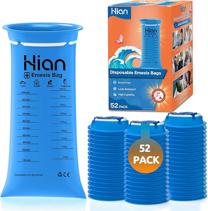 Hion Vomit Bags Disposable – 52 Pack 1000ml Emesis Bags – Leak Resistant, Medical Grade, Portable – Perfect for Motion, Car & Aircraft Sickness, Pregnant Women