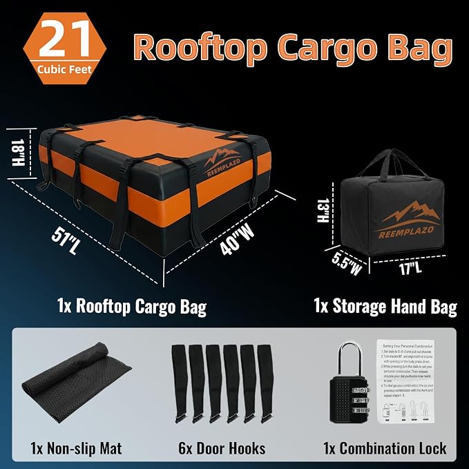 21 Cubic Feet Rooftop Cargo Carrier Bag, Waterproof Heavy Duty Car Roof Bag for SUV Pickup Truck with/Without Roof Racks, Travel Camping Roof Top Luggage Storage with Anti-Slip Mat (Black Orange)