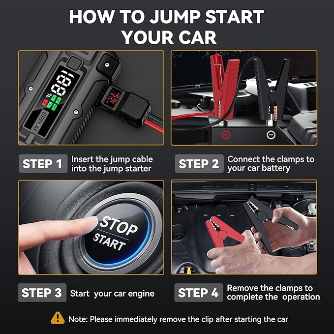 Car Jump Starter, 8000A Peak (Up to All Gas or 10.0L Diesel Engine, 50 Times) 12V Auto Booster Battery Charger Jump Box with Quick Charger Smart Jump Cables with LED Screen