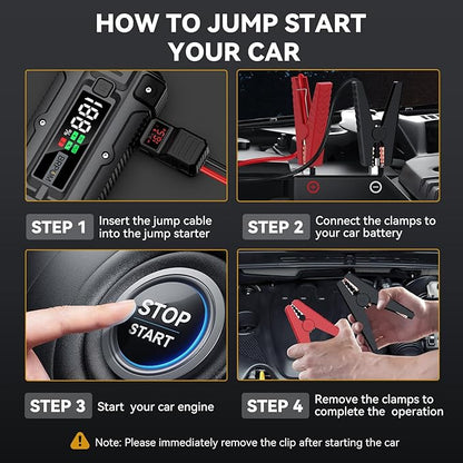 Car Jump Starter, 8000A Peak (Up to All Gas or 10.0L Diesel Engine, 50 Times) 12V Auto Booster Battery Charger Jump Box with Quick Charger Smart Jump Cables with LED Screen