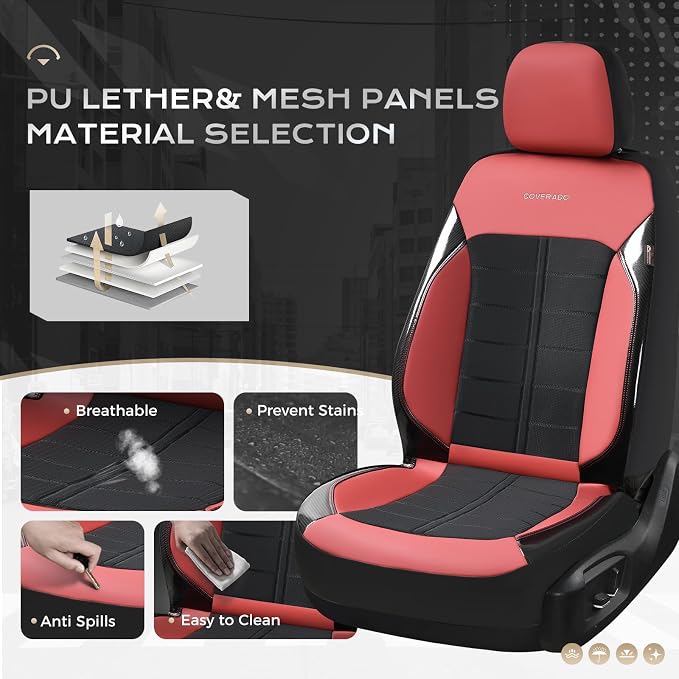 Coverado Seat Cover, Car Seat Cover Front Seats, 3D Air Mesh Breathable Seat Protectors Sports Carbon Fiber Design Airbag Compatible Comfort Universal for Most Cars, Van,Trucks, SUV, Black&Wine