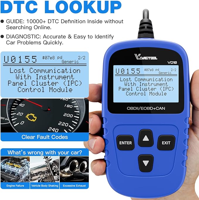 VDIAGTOOL VD10 OBD2 Scanner Code Reader Car Diagnostic Tool Engine Fault Code Reader for Turn Off CEL with Freeze Frame/I/M Readiness for All OBDII Protocol Cars, OBD2 Scanner Diagnostic Tool