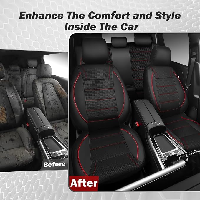 CAR PASS Mesh Leather Car Seat Covers Full Set,Breathable Mesh Faux Leather Seat Covers for Car, Universal Fit for SUV Truck Sedan Automotive, Airbag Compatible, Black and Red
