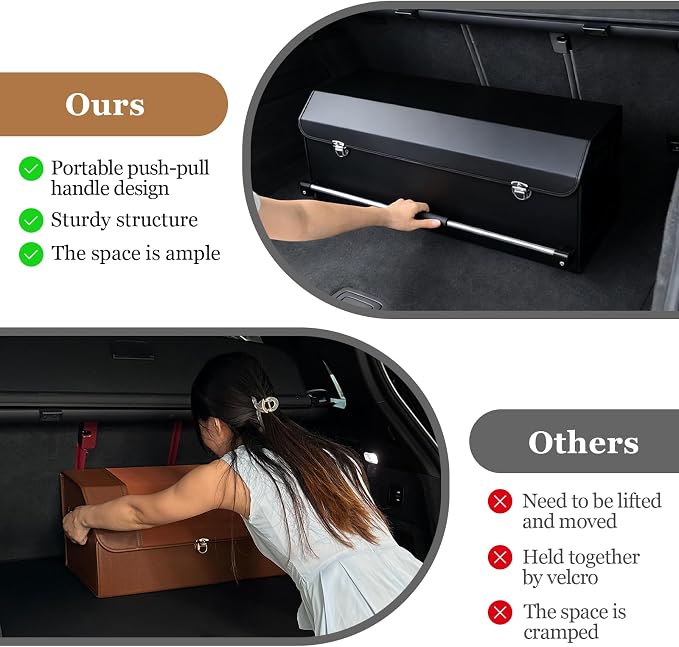 Car Trunk Organizer, Leather Car Trunk Storage Organizer with Lid and Sturdy Handle Car Organizer Storage Box Suv Trunk Organizer (Black, 32.3 x 11.4 x 12.2in)