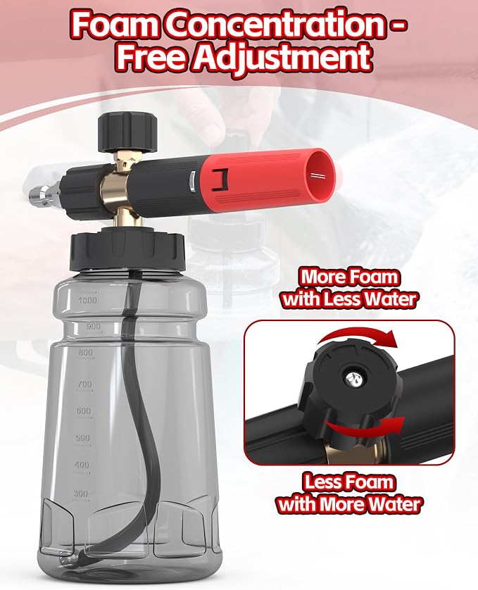 Foam Cannon for Pressure Washer with 1/4" Quick Connector, Wide Mouth Foam Cannon, Adjustable Soap Cannon for Car Wash, Additional 1.1mm Orifice Nozzle (Grey)