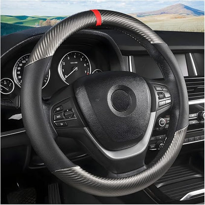 Carbon Fiber Steering Wheel Cover, Universal 15 inch Breathable Anti Slip, Fit Most Cars, Trucks, SVU (Black/Gray)