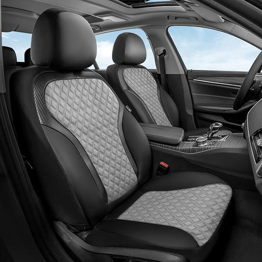 Coverado Car Seat Covers for Front Seats, Luxury Leather Car Seat Cover with Carbon Fiber Weave, Waterproof Automotive Seat Protectors 2-Pack, Driver Seat Covers Universal Fit Most Cars, Black&Gray