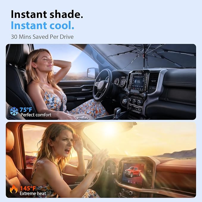 Car Windshield Sun Shade Umbrella [2026 Ice Shield] Custom Fit: Sienna, Pacifica, RAM 1500/2500/3500 & More Full-Size Truck/Van Car Accessories, Anti-Scratch Max Cool Interior Protector