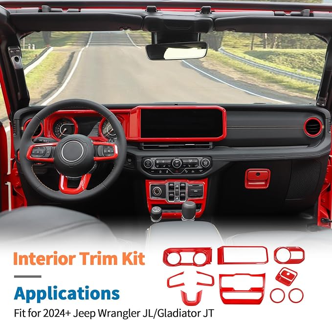 JeCar 11pcs Red Interior Trim Kit for 2024 2025+ Jeep Wrangler JL JLU & Gladiator JT