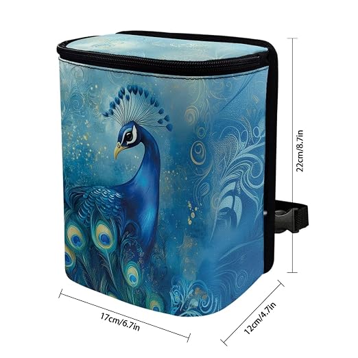 Talayituse Blue Peacock Print Car Trash Bin, Large Size Auto Trash Can Adjustable Portable Garbage Can with Lid, Vehicle Hanging Bag for Headrest Front Back Seat