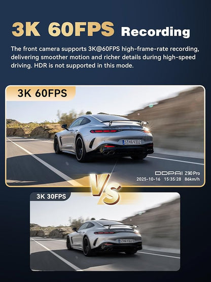 DDPAI 3 Channel 4K HDR Dash Cam, STARVIS 2 IMX678, Dashcam for Cars with 128G eMMC, Front Inside and Rear Triple Car Camera with GPS, 3" IPS,ADAS,24H Parking Mode,Support 512GB,Z90 Pro 3CH
