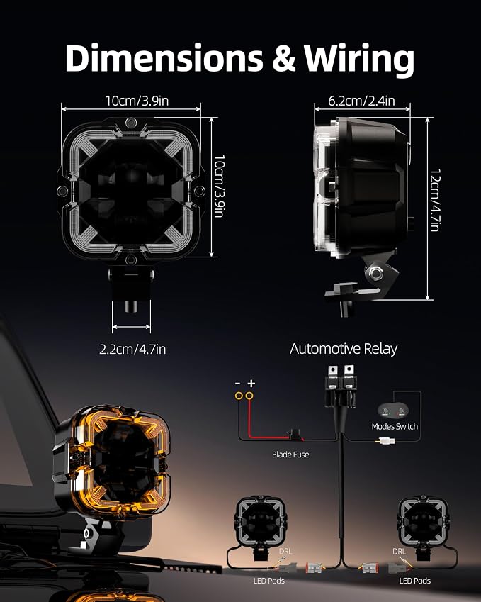 SPL 4" Off Road Lights with Amber Covers, 90W 12000LM Hi/Lo Beam LED Pod Lights with Arrow Shaped Amber DRL, Led Cube Driving Lights with DT Wiring Harness for Trucks Jeep Pickup SUV ATV UTV, 2PCS