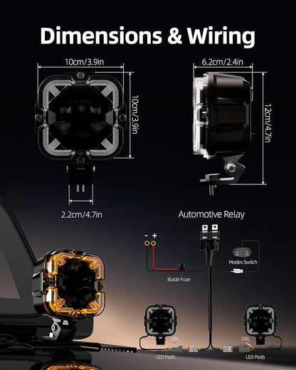 SPL 4" Off Road Lights with Amber Covers, 90W 12000LM Hi/Lo Beam LED Pod Lights with Arrow Shaped Amber DRL, Led Cube Driving Lights with DT Wiring Harness for Trucks Jeep Pickup SUV ATV UTV, 2PCS