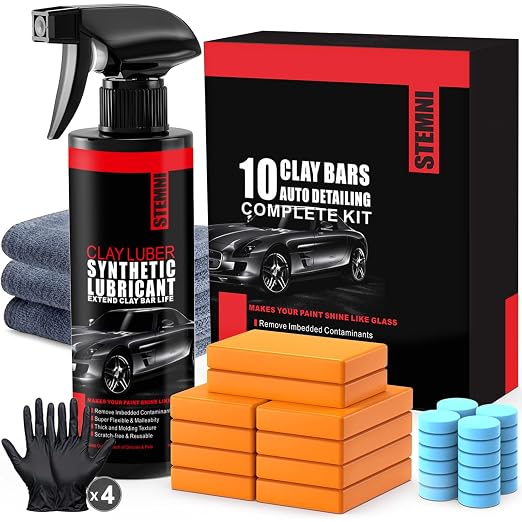 10 Pack Premium Clay Bar Kit - 16oz Synthetic Lubricant, Towels & Gloves - Car Detailing Kit for Cars, SUVs, RVs & Trucks - Removes Contaminants for Glass-Like Shine