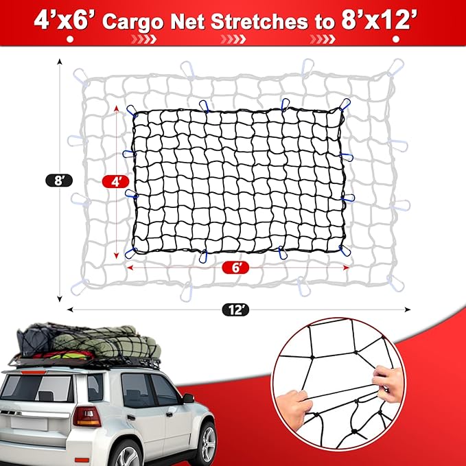 Cargo Net 4' x6' Stretches to 8' x 12' Truck Cargo Net for Pickup Truck Bed- Small 4"x4" Mesh Grid Super Duty Bungee Heavy Duty Bed Netting with 12 Adjustable Metal Carabiners by Cenipar