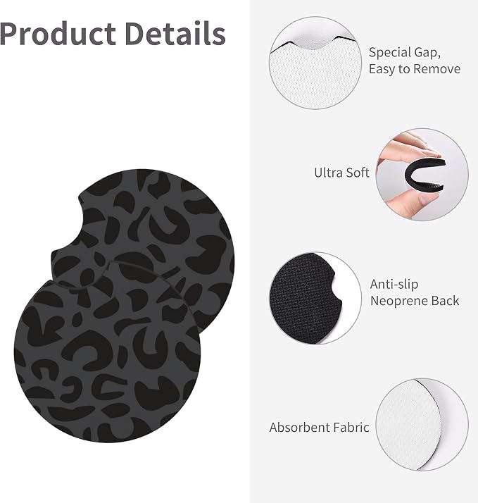 Black Leopard Print Steering Wheel Cover14-15In + 2 Pieces Car Coasters | Anti-Slip Breathable Cheetah Animal Print Car Wheel Cover Accessories for Women,Universal