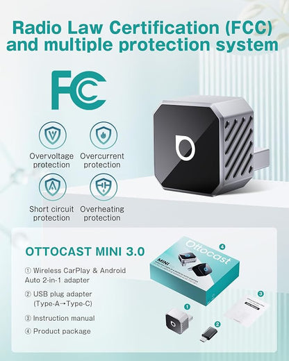 OTTOCAST Mini Cube 3.0 Wireless Carplay Adapter & Android Auto Wireless Adapter Silver (2-in-1) – Plug & Play for iPhone & Samsung/Android Phones, Two Phones Memory, Auto-Reconnect, Stable 5GHz WiFi
