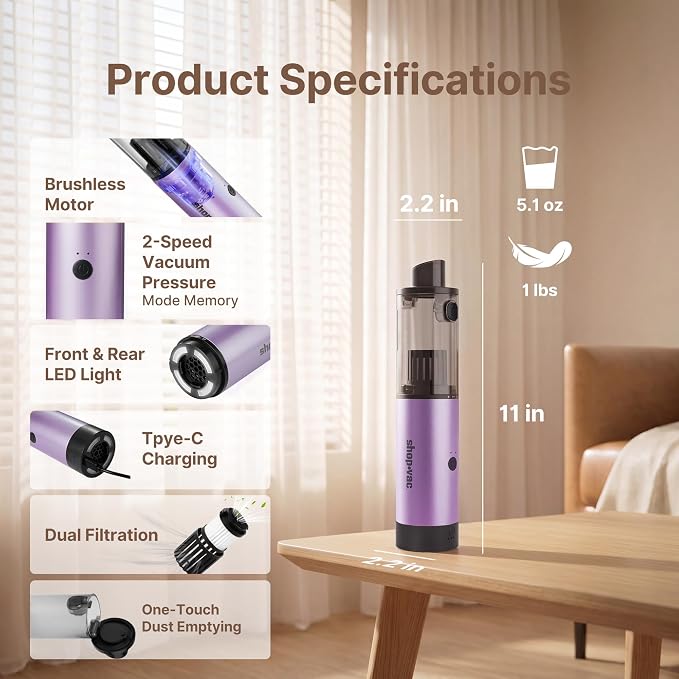 Shop-Vac S4 Mini Car Vacuum Cordless, 15000Pa 4-in-1 Portable Handheld Desk Vacuum & Air Duster with Brushless Motor, LED Light, Multi-Nozzles, 2 Modes, for Car, Office, Keyboard Cleaning (Purple)