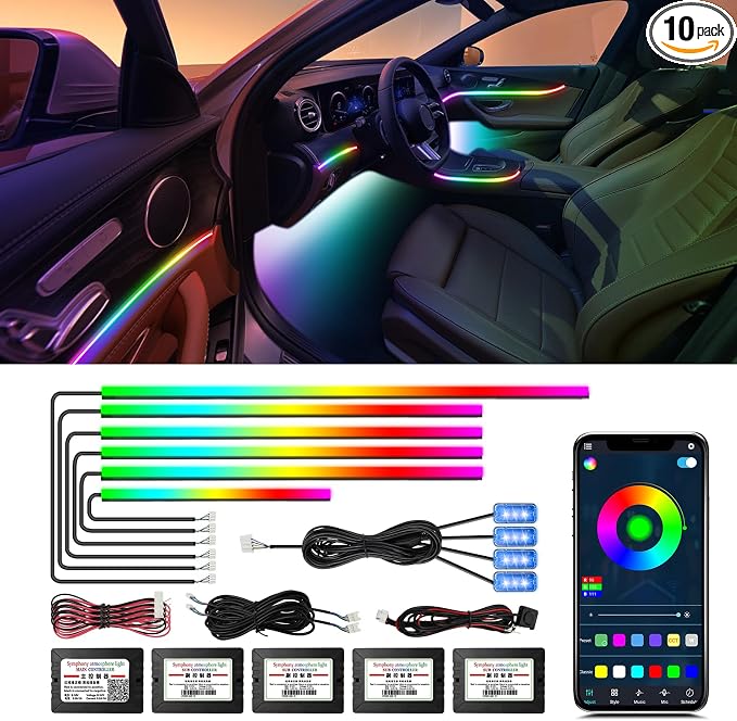 Acrylic Interior Car LED Strip Light, AMKI Dreamcolor Car Neon Light with Wireless APP Control, 10 in 1 Sub-Control Car Ambient Light Kit with DIY Mode and Music Mode, 16 Million Color Car Accessories