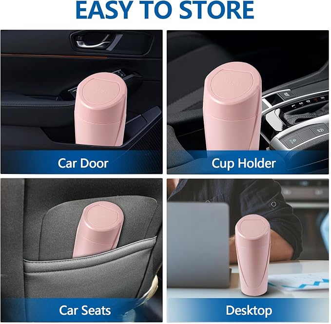 Hovom Mini Car Trash Can with Lid, Portable Garbage Can for Car, Leakproof Cup Holder Automotive Garbage Bin with 2 Rolls of Trash Bags, Small Trash Storage Can for Car Home Office(Pink)