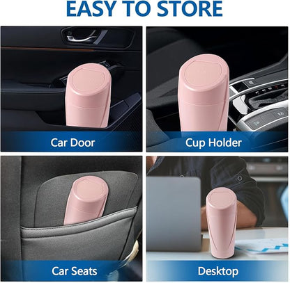 Hovom Mini Car Trash Can with Lid, Portable Garbage Can for Car, Leakproof Cup Holder Automotive Garbage Bin with 2 Rolls of Trash Bags, Small Trash Storage Can for Car Home Office(Pink)