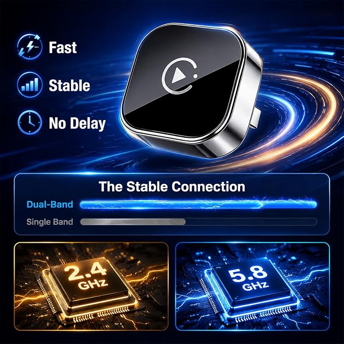 Wireless CarPlay & Android Auto Adapter for Cars, Converts Wired CarPlay to Wireless, Fast Auto Connect, Plug and Play, Stable Bluetooth WiFi Connection for iPhone and Android