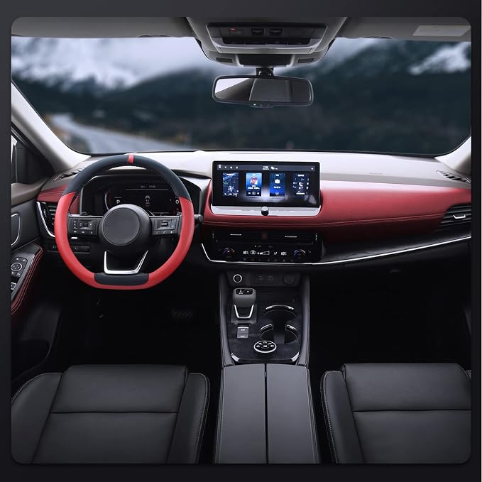 SEG Direct Flat Bottom Steering Wheel Cover, D Shaped Car Wheel Cover 14 1/2-15 in. (37-39 cm), Black Red Microfiber Leather