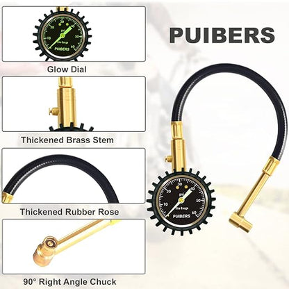 Motorcycle Tire Pressure Gauge 60 PSI, PUIBERS 2’’ dial Mechanical Tire Gauges with 90 Degree Right Angle Chuck Flexible Hose, Tires Guages for Pressure Glow in The Dark for Cars, Motos, Bicycles