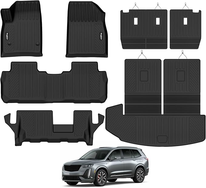 Floor Mats for 2020-2026 Cadillac XT6 7 Seats 2nd Row Bench Seats, Trunk Mat with Backrest Mat All Weather TPE Protector for Cadillac XT6 Accessories