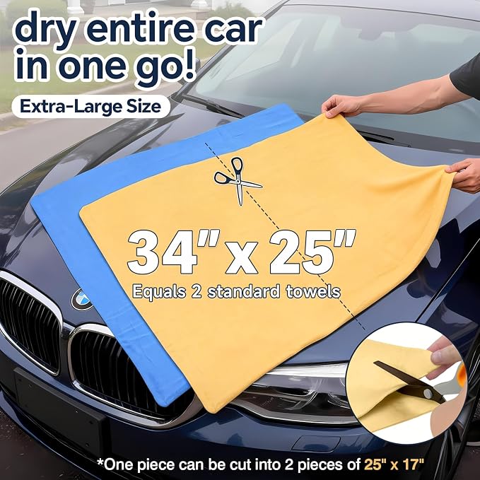 ARTIPOLY Premium Extra Large Shammy Cloth for Car Drying 2pk (34”x25”)-Super Absorbent XL Chamois Towel for Car-Reusable Shammy Towel for Car, Bathroom,Pets, Dust Remove, No Spots/Streak/Scratch